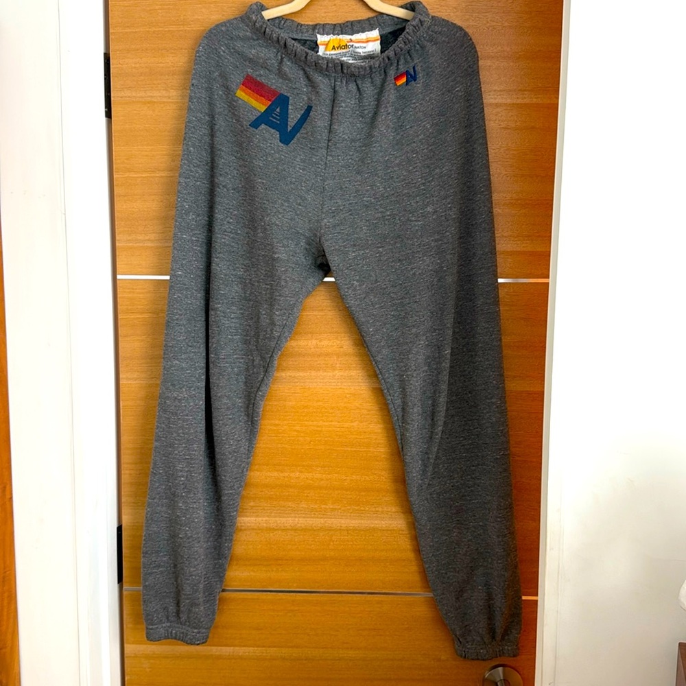 Aviator Nation Gray Joggers with Rainbow Detail - like new!